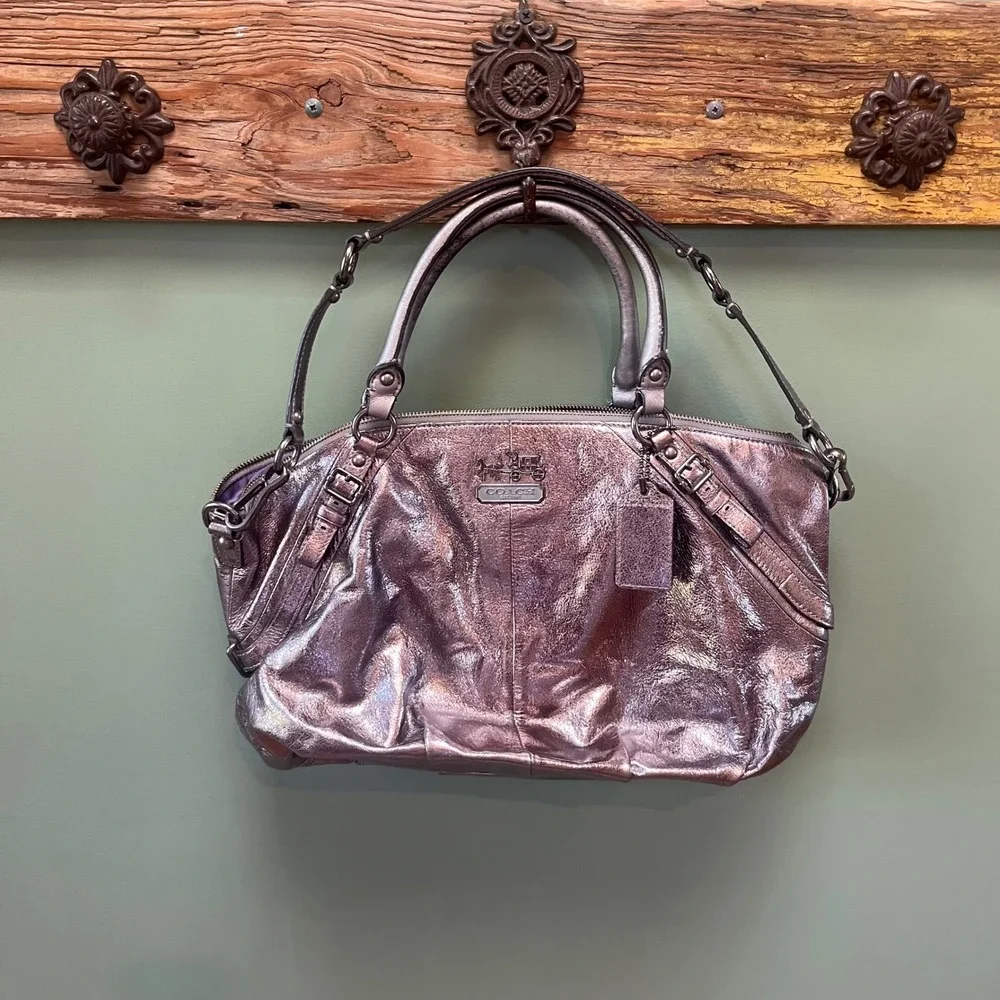 Coach Madison Metallic Pewter Silver Leather Satchel Shoulder Bag‎ Purse